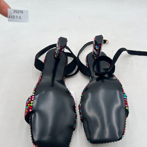 FSJ Black Colorful Rhinestones Diamond Heel Square Open Toe Ankle Strap Sandals - Picture 7 of 8
